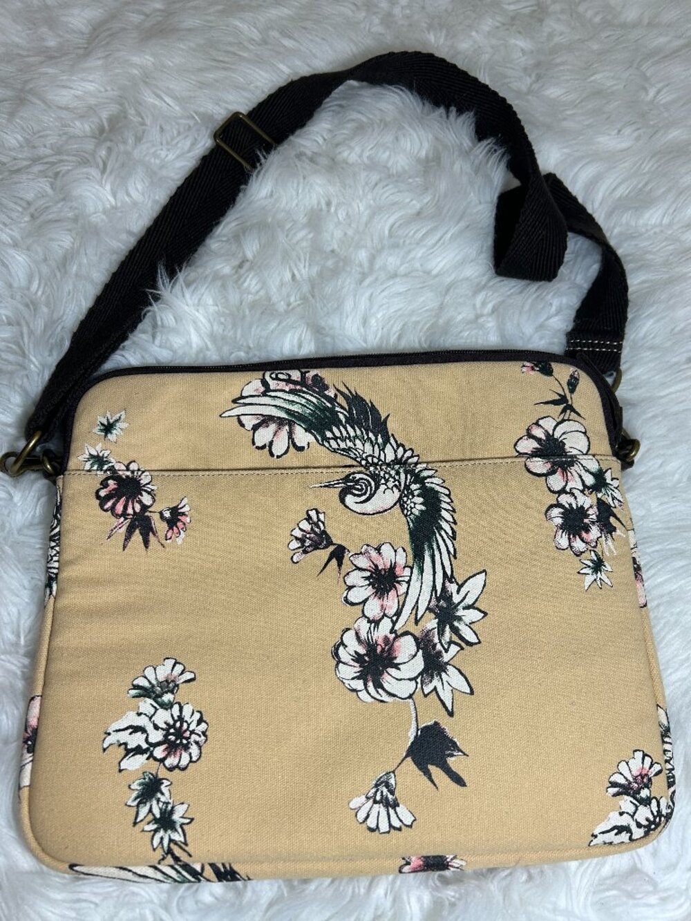 Lucky Brand Padded Laptop Bag Case Messenger Bag Canvas Shoulder 14" Floral Bird